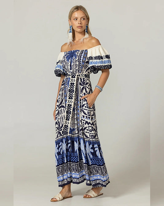 OFF SHOULDER BLUE PALM PRINT DRESS