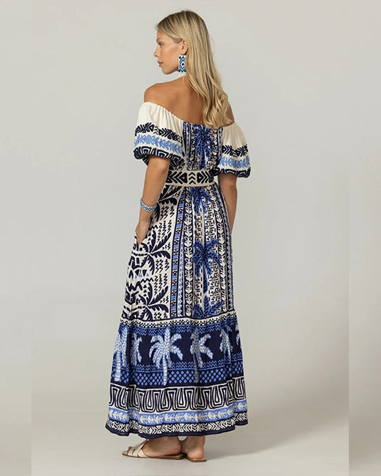 OFF SHOULDER BLUE PALM PRINT DRESS