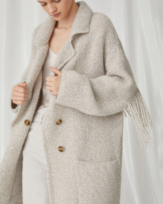 Knitted Pea Coat with Fringe Back