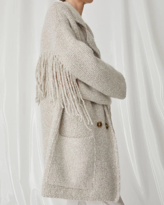 Knitted Pea Coat with Fringe Back