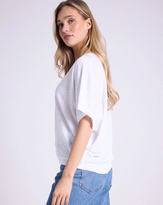 V-Neck Batwing Linen T-Shirt in White