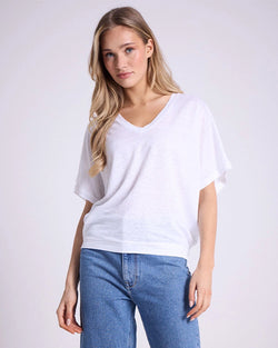 V-Neck Batwing Linen T-Shirt in White