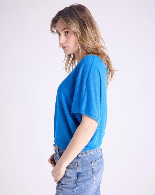 V-Neck Linen Batwing T-Shirt in Electric Blue