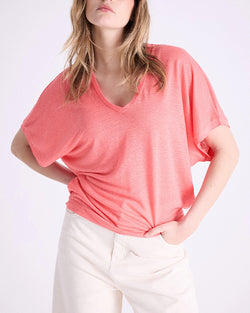 V-Neck Batwing Linen T-Shirt in Soft Coral