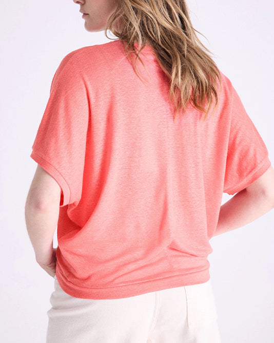 V-Neck Batwing Linen T-Shirt in Soft Coral