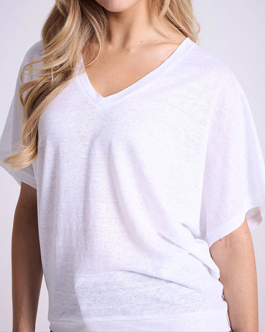 V-Neck Batwing Linen T-Shirt in White