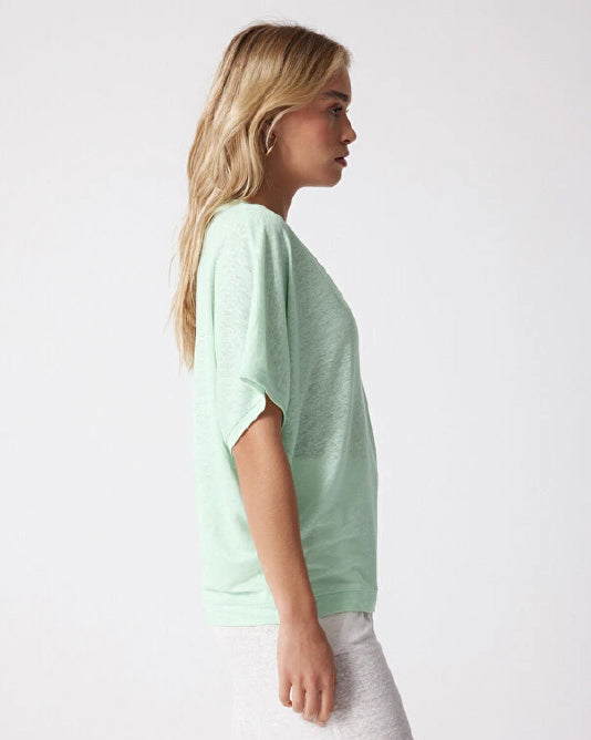 V Neck Batwing Linen T Shirt in Mint