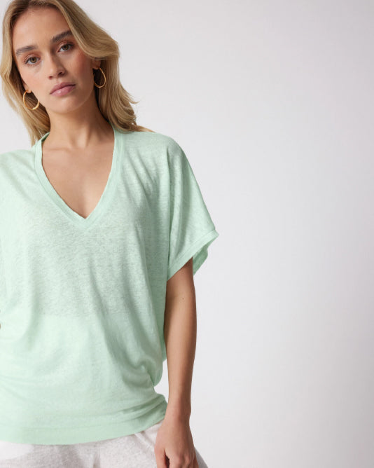 V Neck Batwing Linen T Shirt in Mint