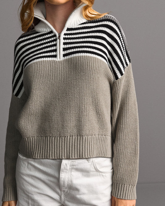 Quarter Zip Collar Knit With Stripe Colour Block