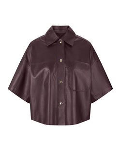 Cropped Short Sleeve Leather Jacket in Burgundy