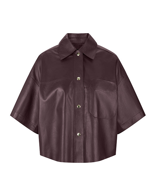 Cropped Short Sleeve Leather Jacket in Burgundy