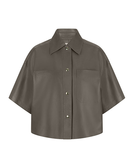 Cropped Short Sleeve Leather Jacket in Putty