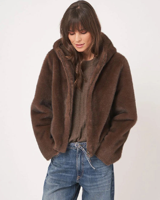 Faux Mink Fur Cropped Reversible Jacket with Hood
