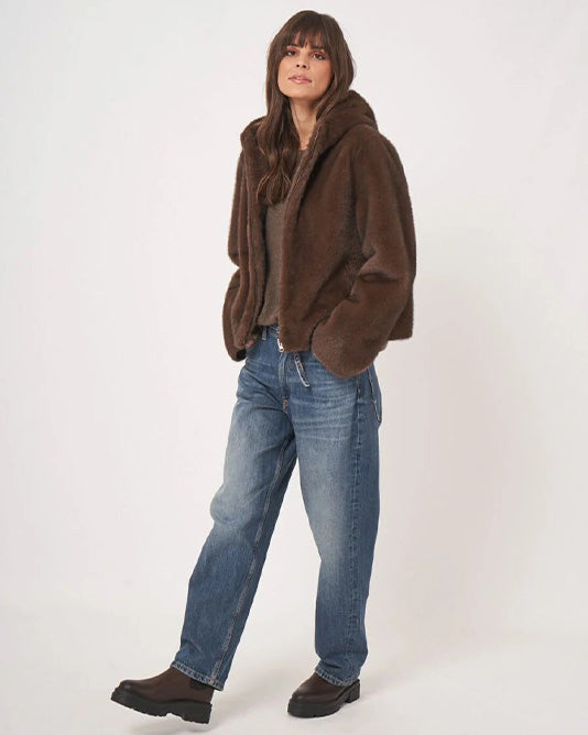 Faux Mink Fur Cropped Reversible Jacket with Hood