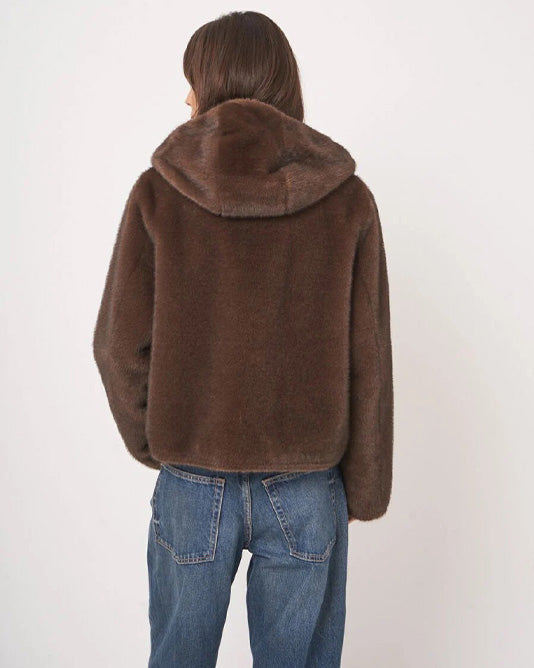 Faux Mink Fur Cropped Reversible Jacket with Hood