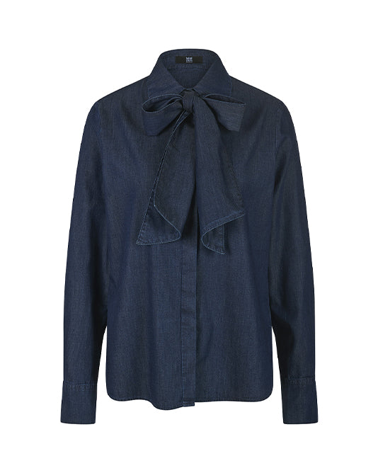 LAST ONE Denim Chambray Tie Neck Blouse