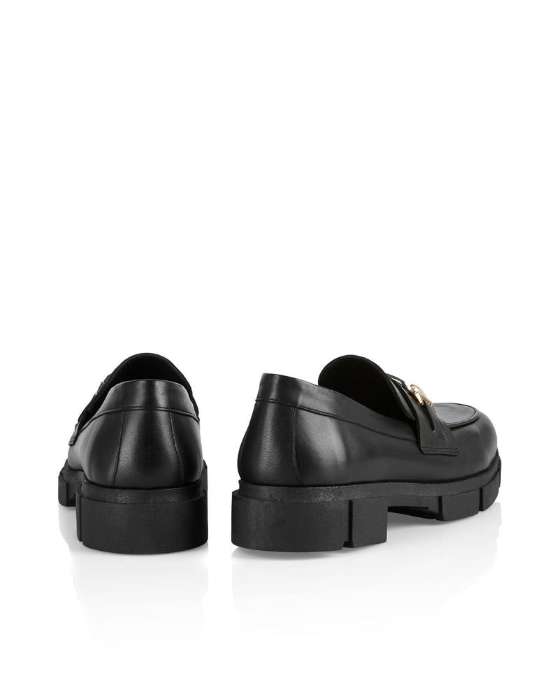 BLACK LEATHER LOAFER WITH SILVER AND GOLD BUCKLE