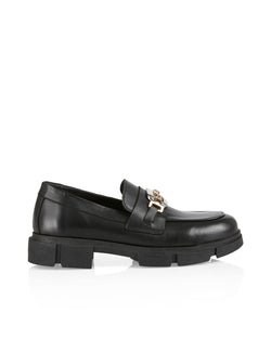 BLACK LEATHER LOAFER WITH SILVER AND GOLD BUCKLE