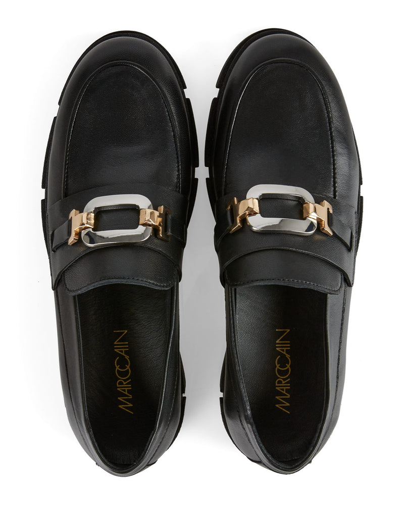 BLACK LEATHER LOAFER WITH SILVER AND GOLD BUCKLE