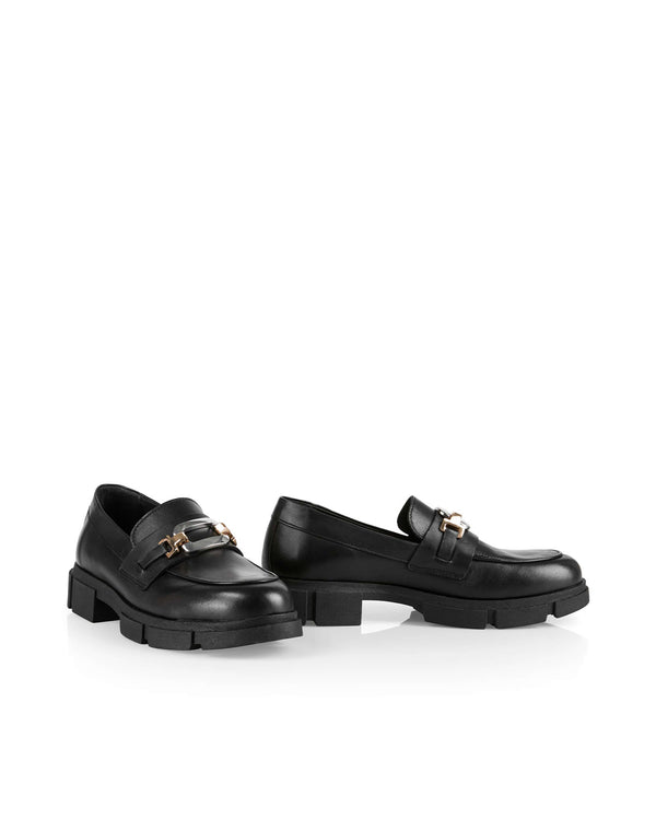 BLACK LEATHER LOAFER WITH SILVER AND GOLD BUCKLE