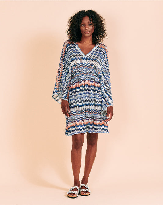 Striped Mini Dress Kaftan With Trimmed Edging