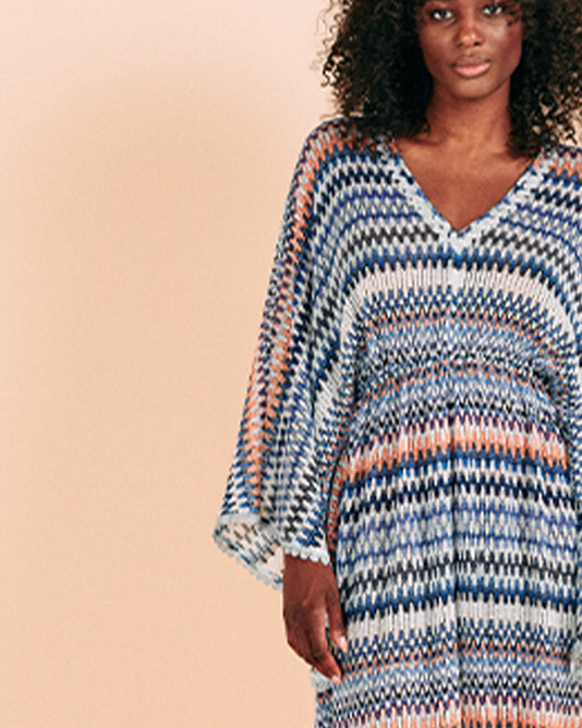 Striped Mini Dress Kaftan With Trimmed Edging