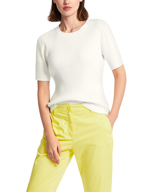 Ribbed Knit 3/4 Sleeve Top With Stripe Trim