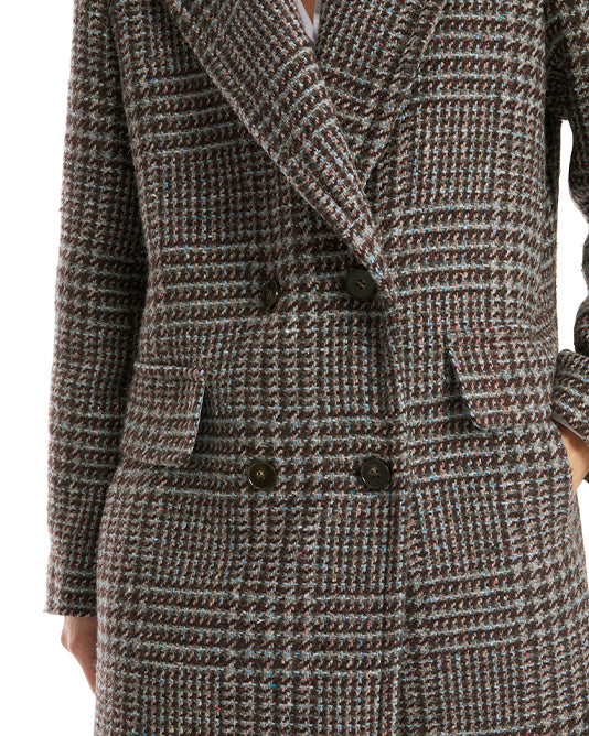 Long Check Coat in Brown & Blue