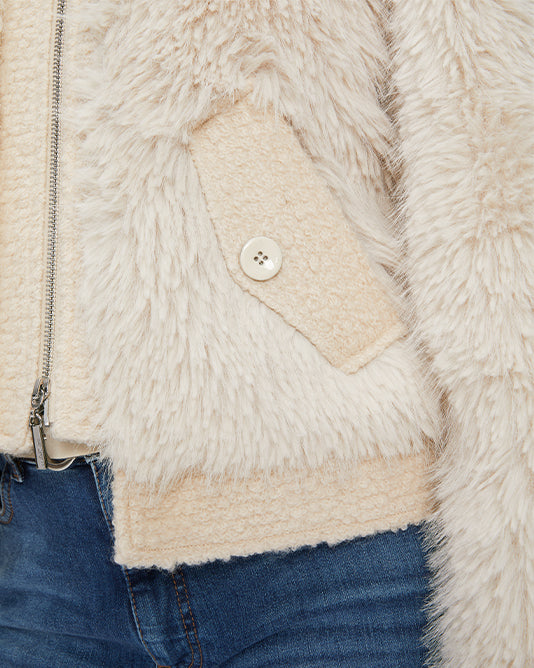 Faux Fur Cream Bomber Jacket