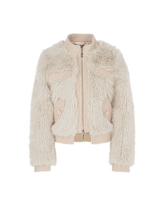 Faux Fur Cream Bomber Jacket