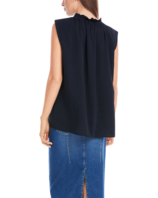 Ruffle Neck Sleeveless Top in Navy
