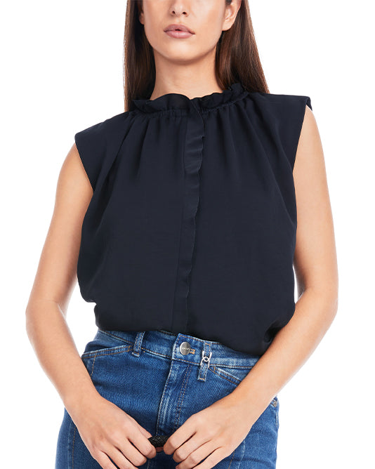 Ruffle Neck Sleeveless Top in Navy