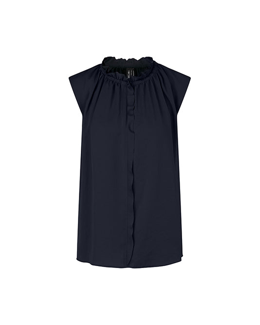 Ruffle Neck Sleeveless Top in Navy