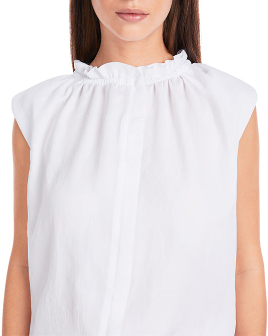 Ruffle Neck Sleeveless Top in White