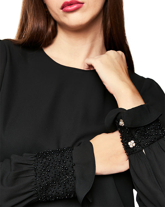Crepe Neck Blouse with Beaded cuffs