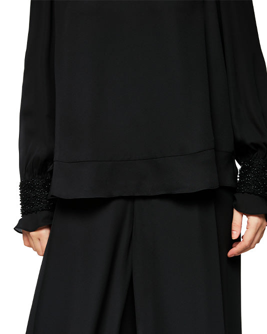 Wide Leg Pant in Crepe with Beaded Waistband