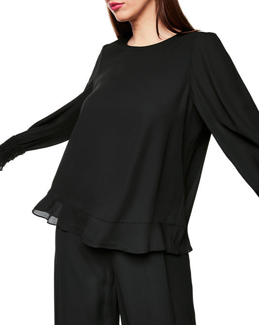 Wide Leg Pant in Crepe with Beaded Waistband