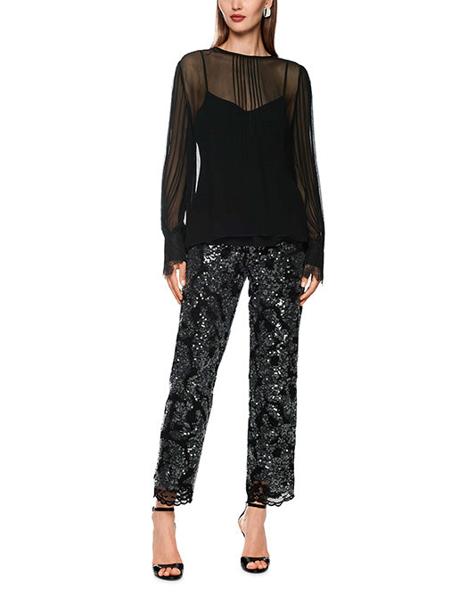 Fine Chiffon Blouse with Pin-tuck Front and Lace Cuff