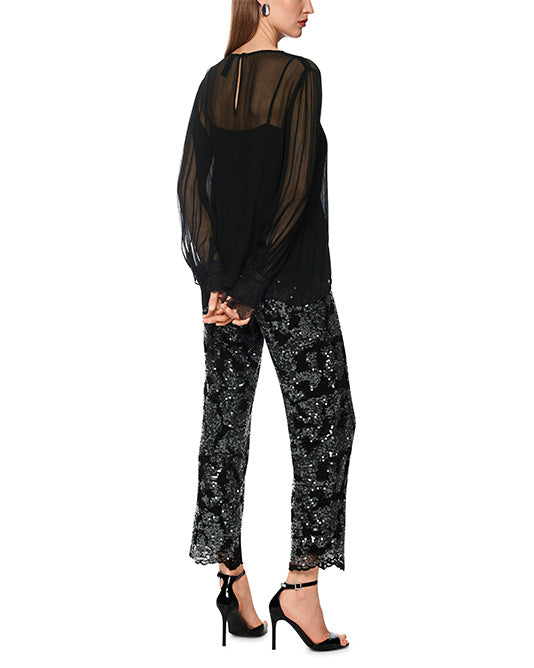 Fine Chiffon Blouse with Pin-tuck Front and Lace Cuff