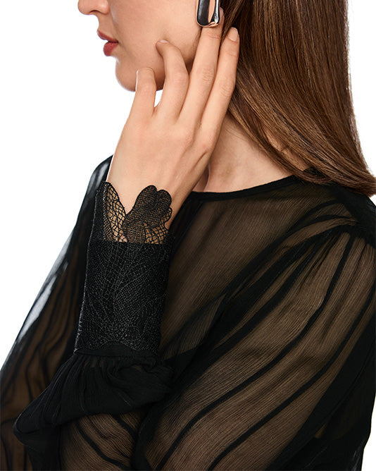 Fine Chiffon Blouse with Pin-tuck Front and Lace Cuff