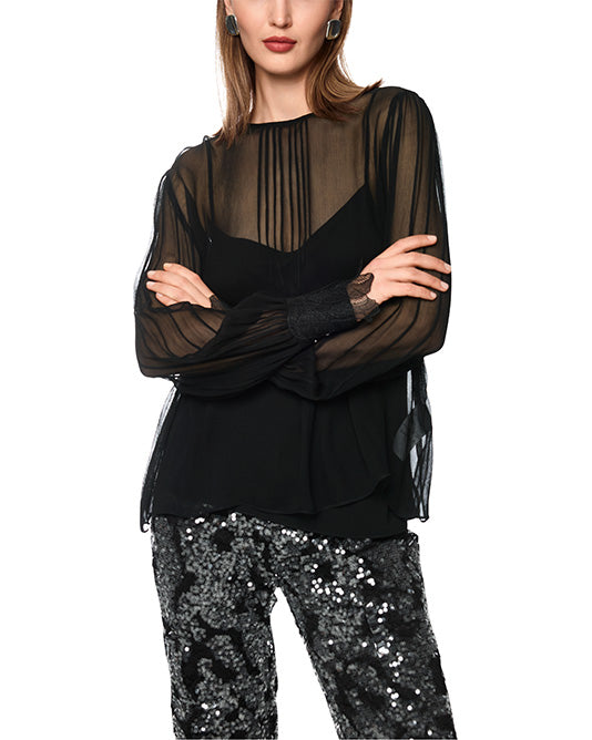 Fine Chiffon Blouse with Pin-tuck Front and Lace Cuff