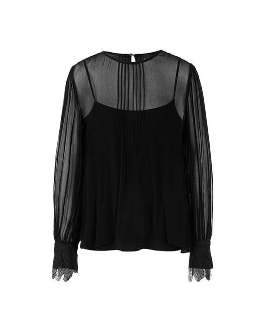Fine Chiffon Blouse with Pin-tuck Front and Lace Cuff