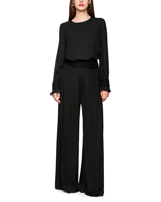 Wide Leg Pant in Crepe with Beaded Waistband