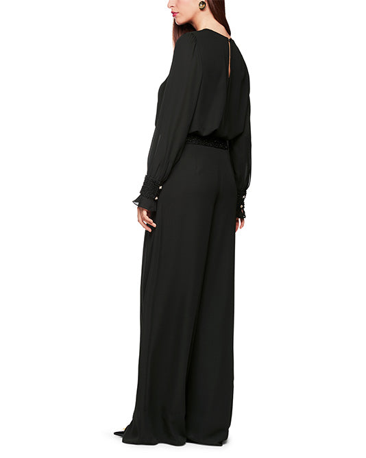 Wide Leg Pant in Crepe with Beaded Waistband
