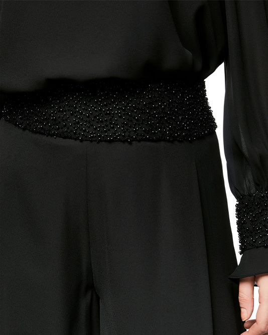 Wide Leg Pant in Crepe with Beaded Waistband