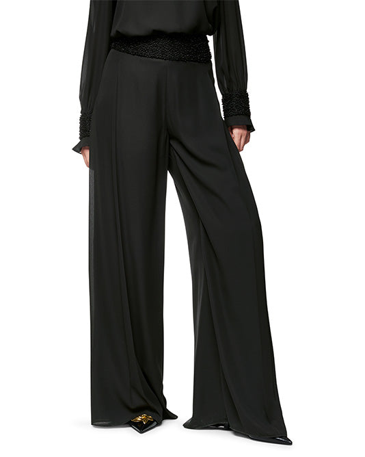Wide Leg Pant in Crepe with Beaded Waistband