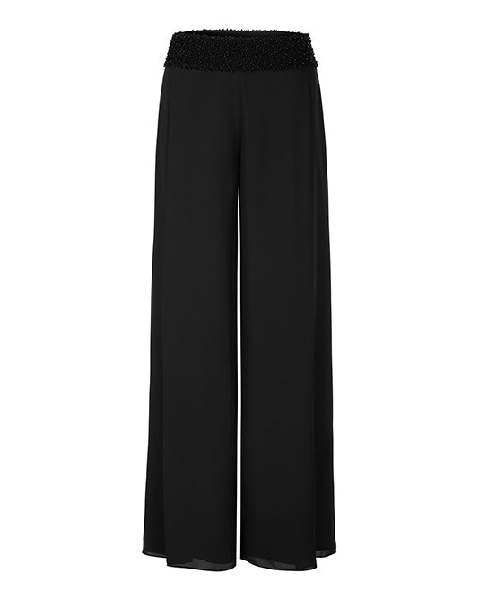 Wide Leg Pant in Crepe with Beaded Waistband