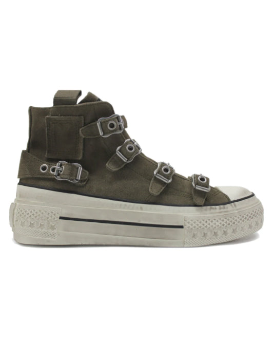 Distressed suede multi buckle mid top trainer