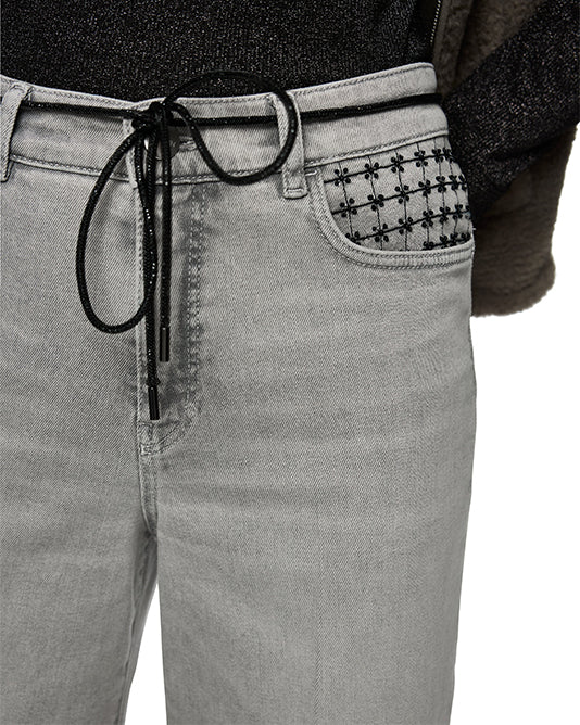 Warri High Rise Wide Leg Jean In Light Grey With Belt & Applique Pocket