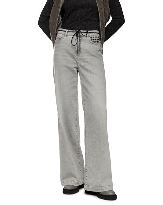 Warri High Rise Wide Leg Jean In Light Grey With Belt & Applique Pocket